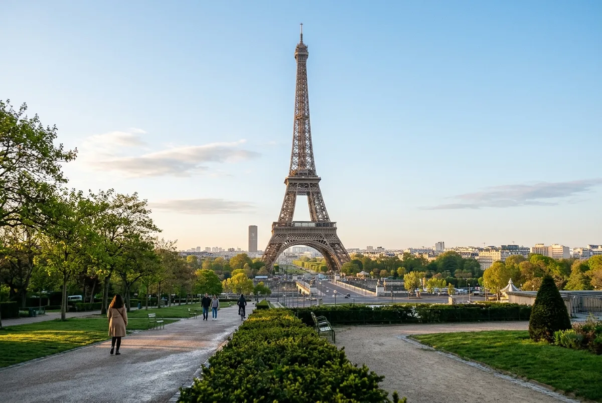 Torre Eiffel in una mattina limpida con poche persone sulla piazza e luce dorata, orario migliore per salire sulla torre eiffel