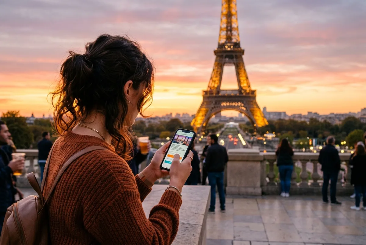 Viaggiatore che prenota la cena sulla Torre Eiffel dallo smartphone con la torre sullo sfondo al tramonto, prenotare cena sulla torre eiffel