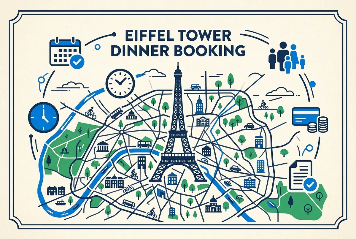 Infografica illustrata dei passi per prenotare la cena sulla Torre Eiffel: data, turno, ospiti, pagamento e voucher, prenotare cena torre eiffel, etichette generiche