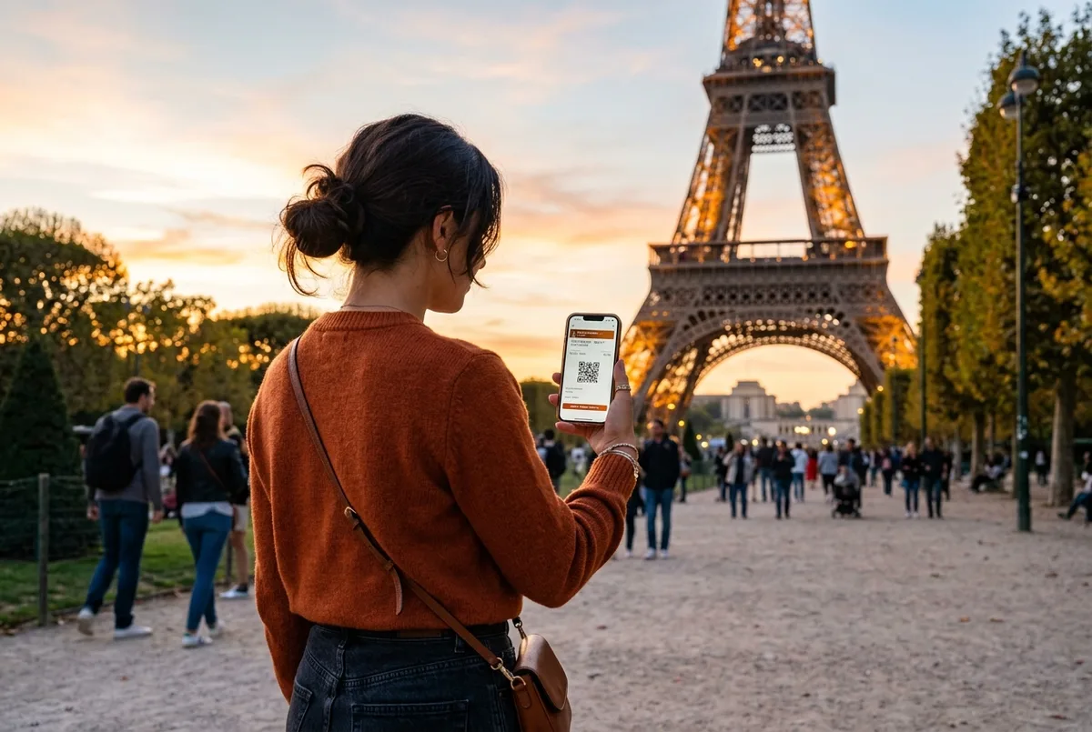 Voyageuse qui réserve un billet pour la tour Eiffel sur son téléphone, assise sur un banc du Champ de Mars, tour éclairée par le soleil du matin
