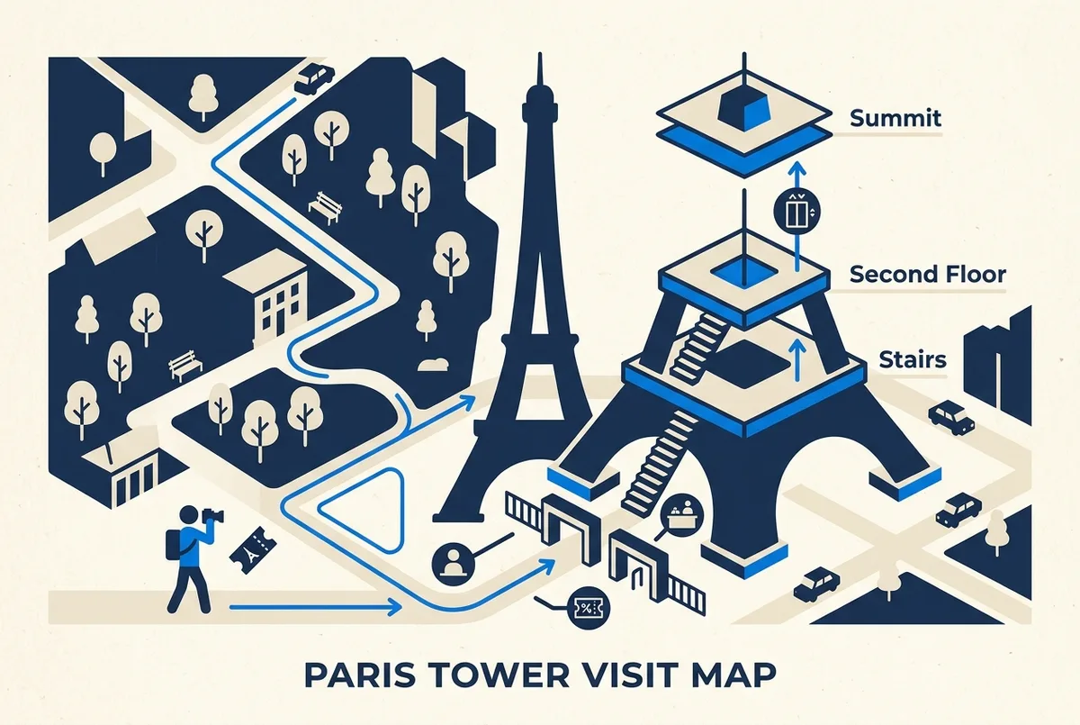 Infographie en forme de plan des trois façons de réserver un billet pour la tour Eiffel : billetterie officielle, accès réservé et visite guidée, avec les niveaux de la tour
