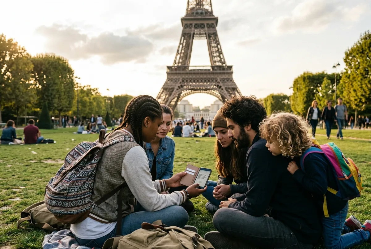 Grupo de amigos jovens a comparar preços de bilhetes num telemóvel no Champ de Mars com a Torre Eiffel ao fundo, bilhetes torre eiffel desconto