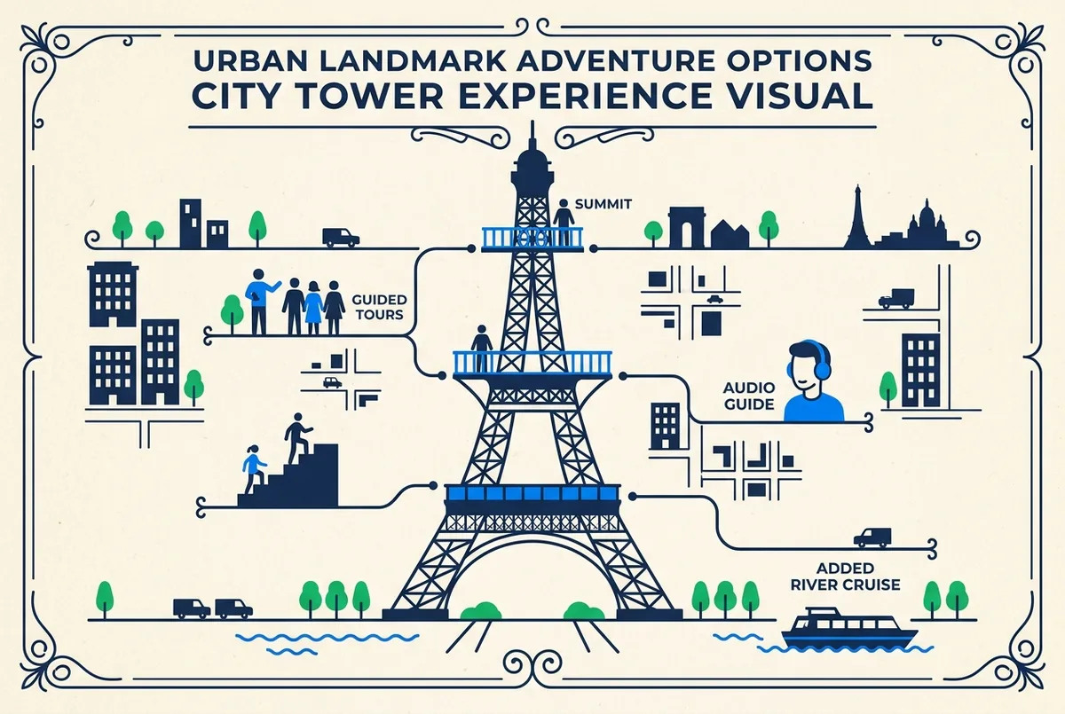Comparação visual dos três caminhos para subir à Torre Eiffel: escadas até ao segundo andar, elevador até ao segundo andar e elevador até ao topo