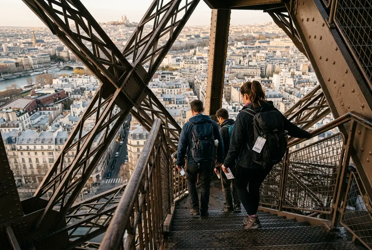 Kleine Gruppe steigt die Eisentreppe im Pfeiler des Eiffelturms hinauf, Blick durch das Gitterwerk auf die Dächer von Paris, Morgenlicht, Eiffelturm Tickets Treppe