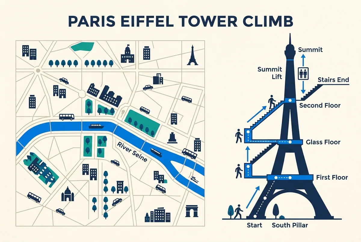 Übersichtsgrafik: Weg der Treppe im Südpfeiler des Eiffelturms von der ersten zur zweiten Etage und Aufzug zur Spitze, Eiffelturm Treppe zur 2. Etage