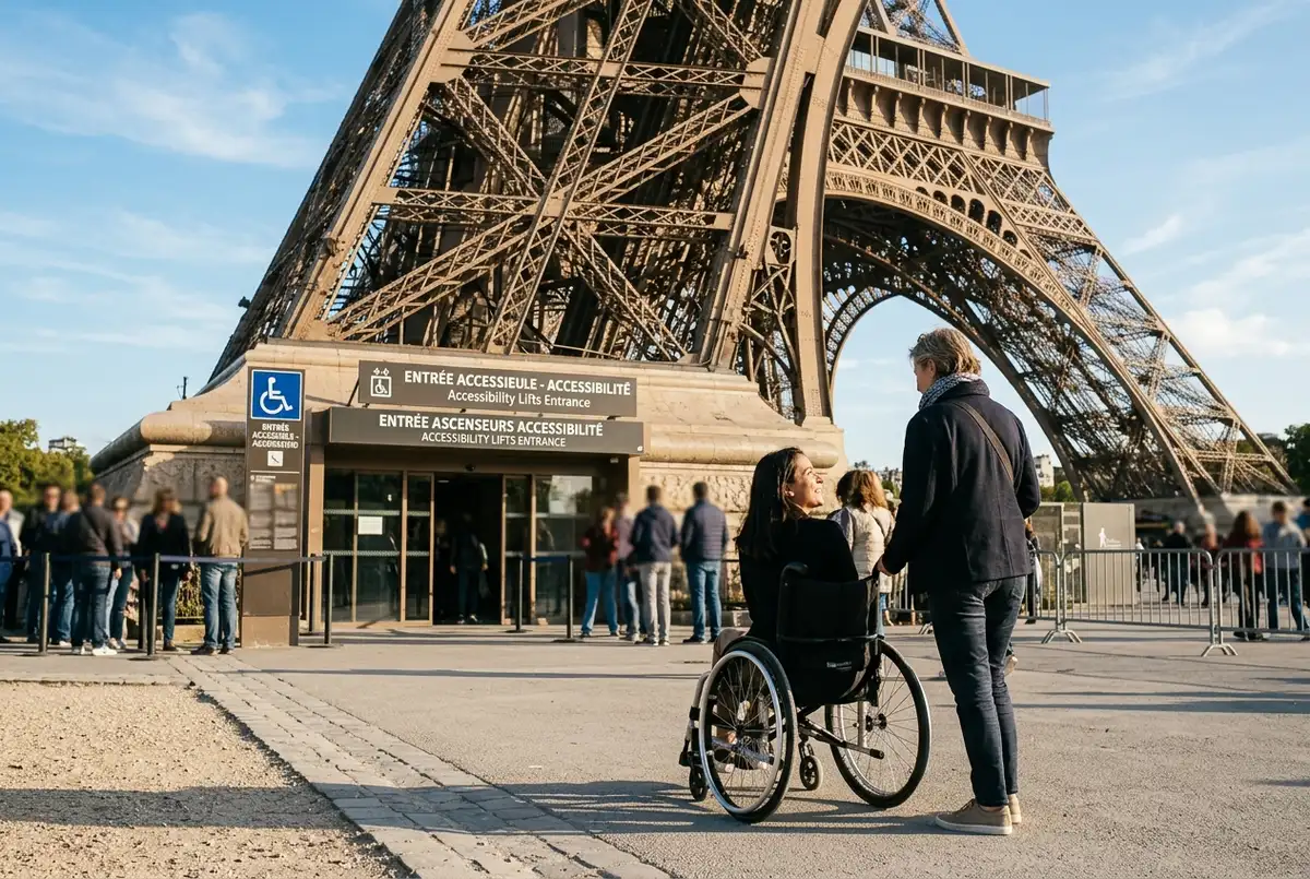 wheelchair user and companion beside the Eiffel Tower lift entrance on a clear day, eiffel tower accessibility