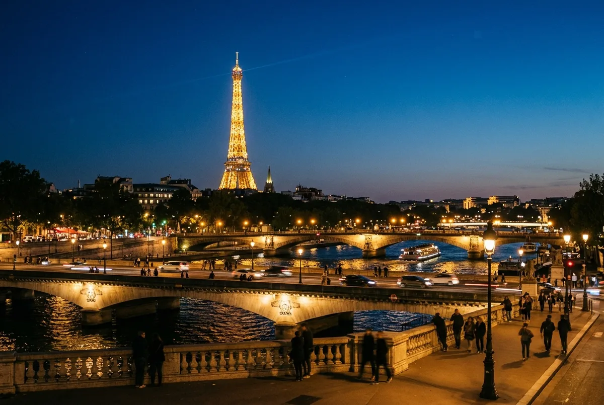 Tour Eiffel illuminée en or au crépuscule vue depuis les quais de la Seine, reflets sur l'eau et ciel bleu profond, ambiance calme de soirée à Paris
