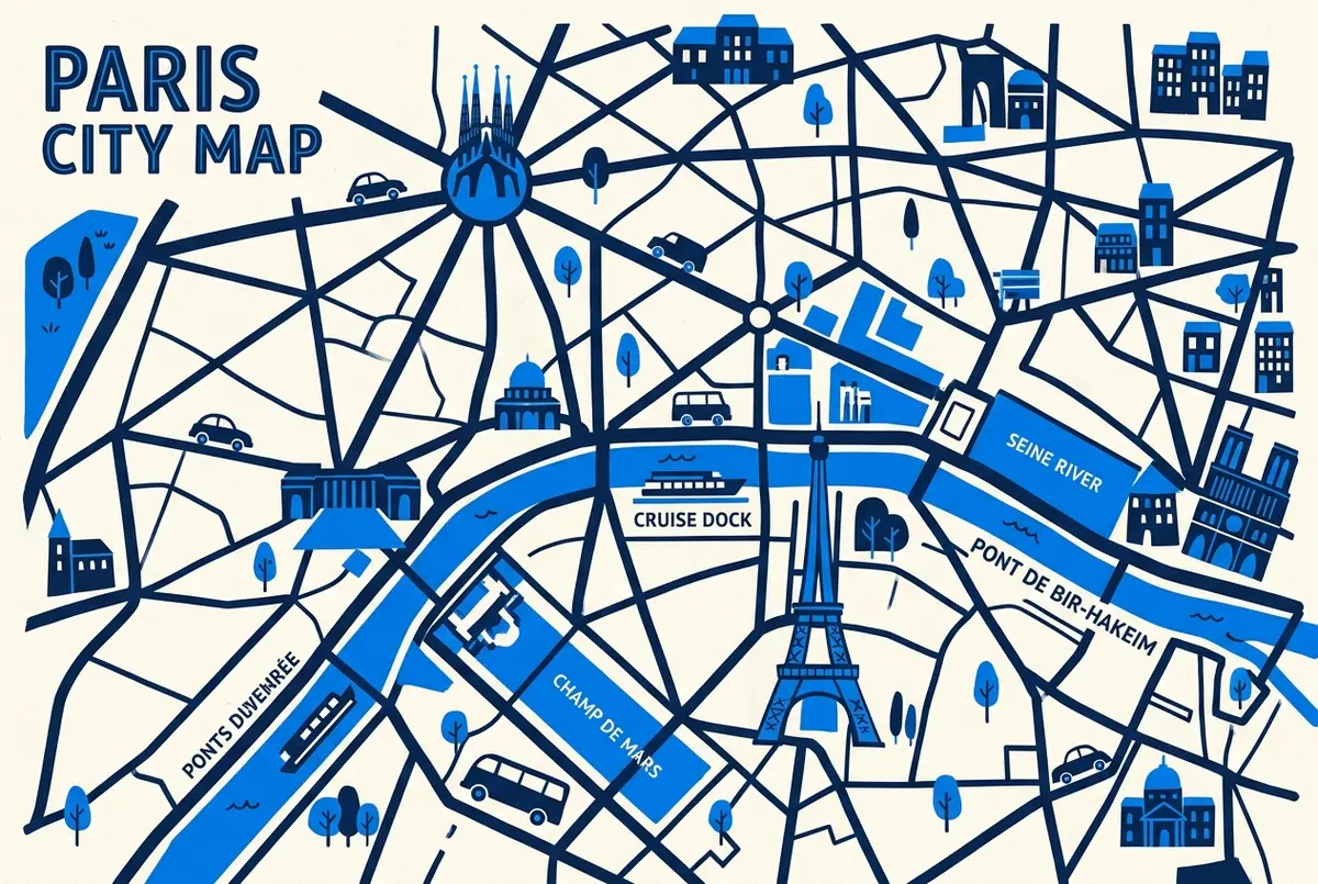 Carte simplifiée de Paris de nuit avec la tour Eiffel, la Seine, le Trocadéro, le Champ de Mars, le pont d'Iéna et le pont de Bir-Hakeim, étiquettes génériques