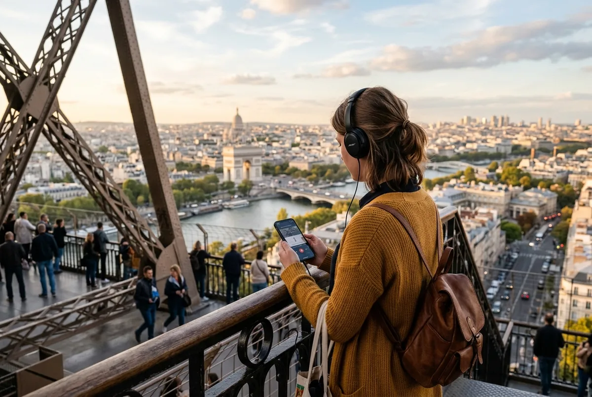 Viaggiatore con auricolari e telefono in mano che ascolta un'audioguida sulla terrazza del secondo piano della Torre Eiffel, audioguida torre eiffel