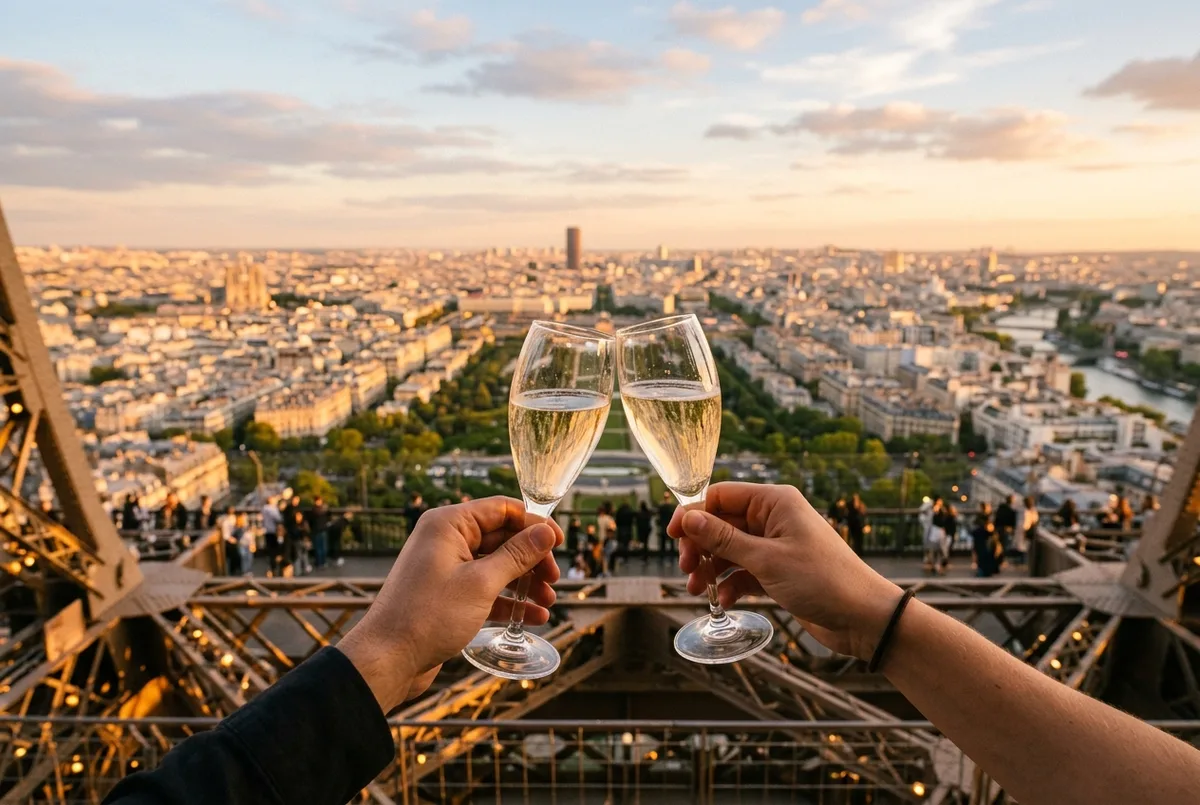 Twee glazen champagne op een hoge tafel bij het raam van de champagnebar bovenin de Eiffeltoren met het uitzicht over Parijs in het late middaglicht