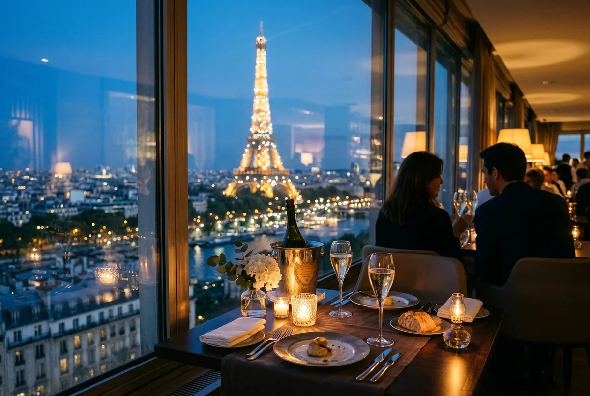 Coppia che cena a un tavolo vicino alla finestra della brasserie al primo piano della Torre Eiffel con Parigi illuminata, cena sulla torre eiffel