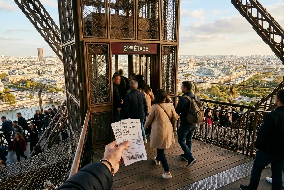 Visitantes dentro do elevador panorâmico da Torre Eiffel a subir entre as vigas de ferro, ingresso torre eiffel elevador