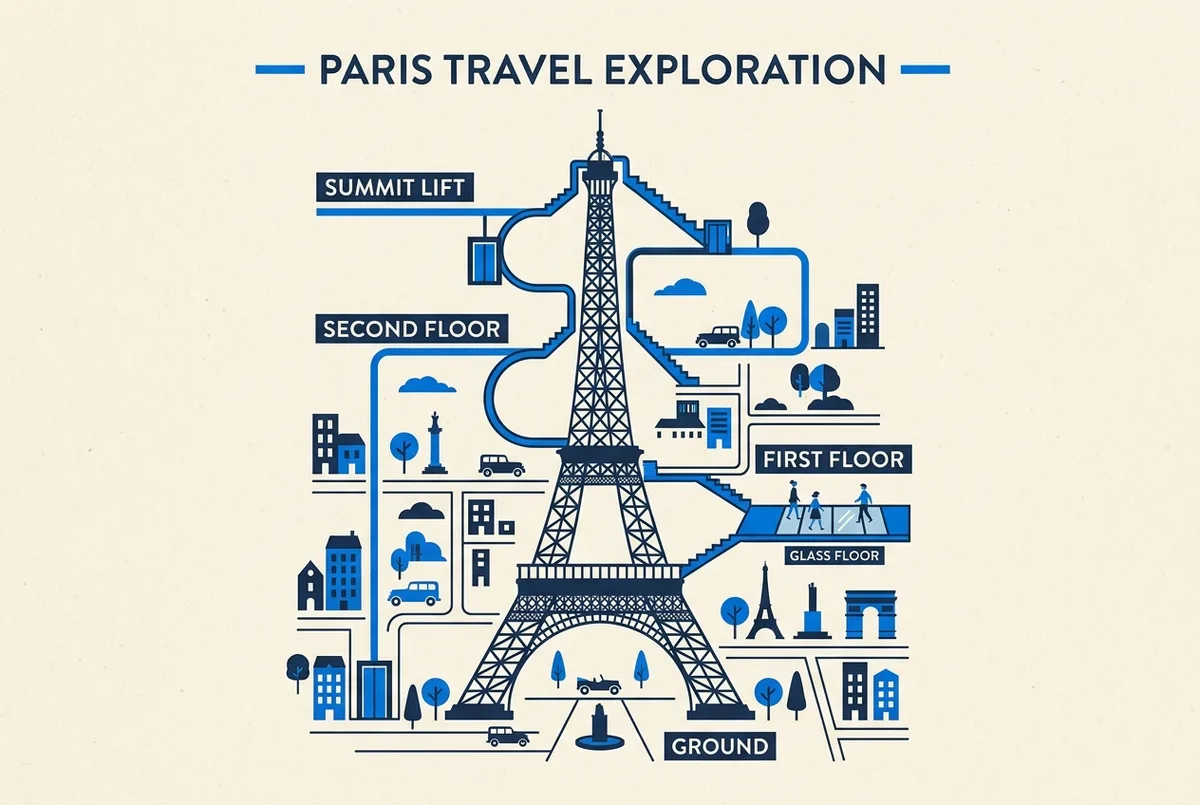 Esquema dos elevadores da Torre Eiffel com o percurso do solo ao segundo andar e do segundo andar ao topo, torre eiffel elevador topo