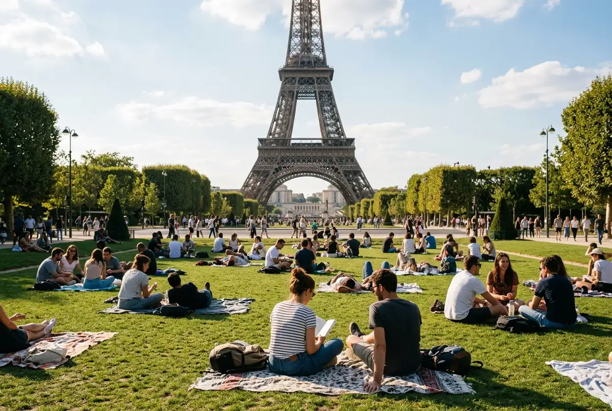 Groupe de visiteurs assis sur la pelouse du Champ de Mars devant la tour Eiffel, pique-nique léger, lumière dorée de fin d'après-midi, tour gratuite à regarder