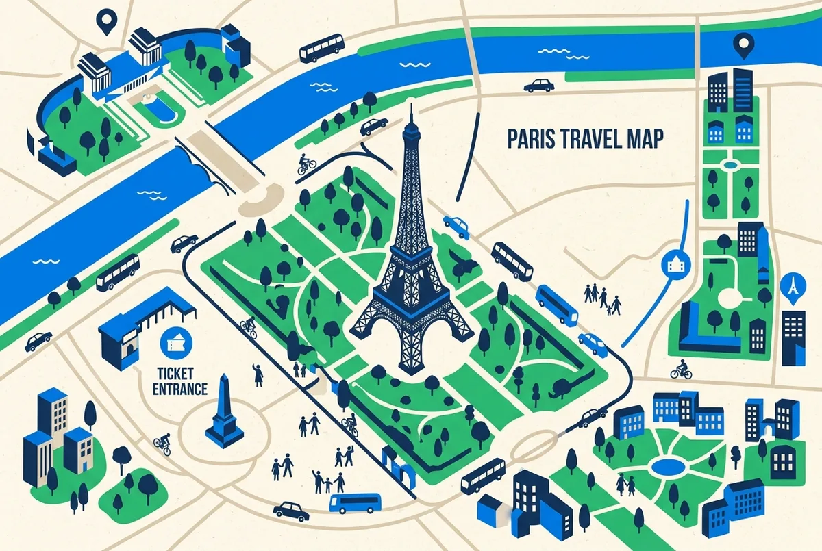 Plan simple du Champ de Mars avec la tour Eiffel, la Seine et les points de vue gratuits autour de la tour