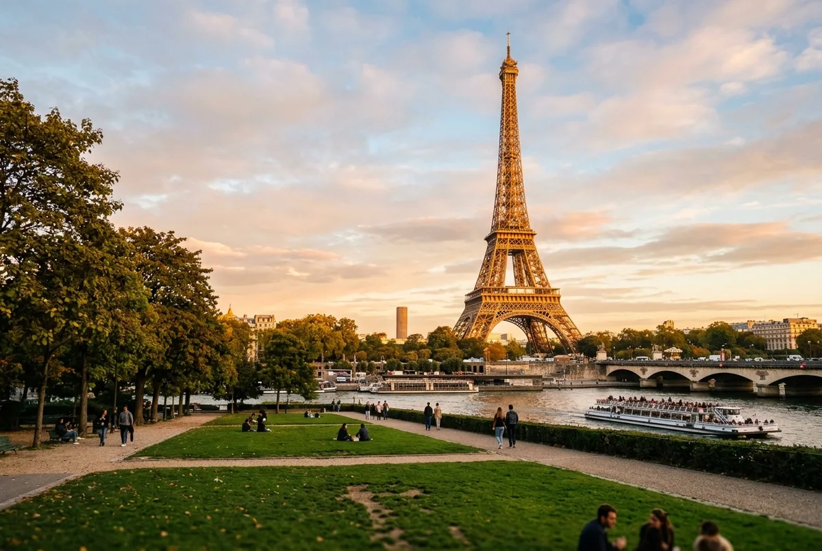 La Torre Eiffel di Parigi vista dal Champ de Mars con i giardini in primo piano e il cielo azzurro, la torre eiffel di parigi in una mattina limpida