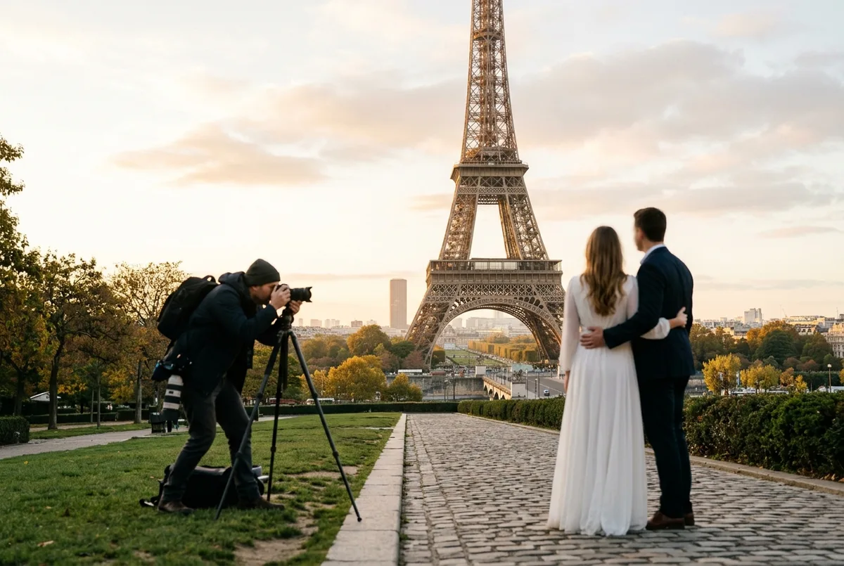 Eiffelturm Fotoshooting: Paar posiert bei Sonnenaufgang auf dem Trocadéro mit dem Turm im Hintergrund, Fotograf in Bewegung, weiches goldenes Licht
