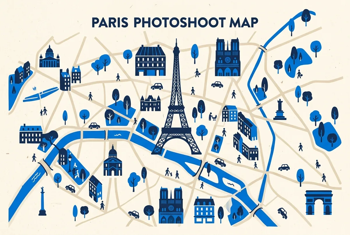 Kartenskizze für ein Eiffelturm Fotoshooting mit Trocadéro, Champ de Mars und Seine Brücke als markierte Fotoplätze, generische Beschriftungen