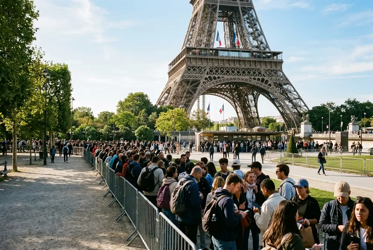 long line of visitors waiting at the base of the Eiffel Tower on a bright morning, eiffel tower queue times