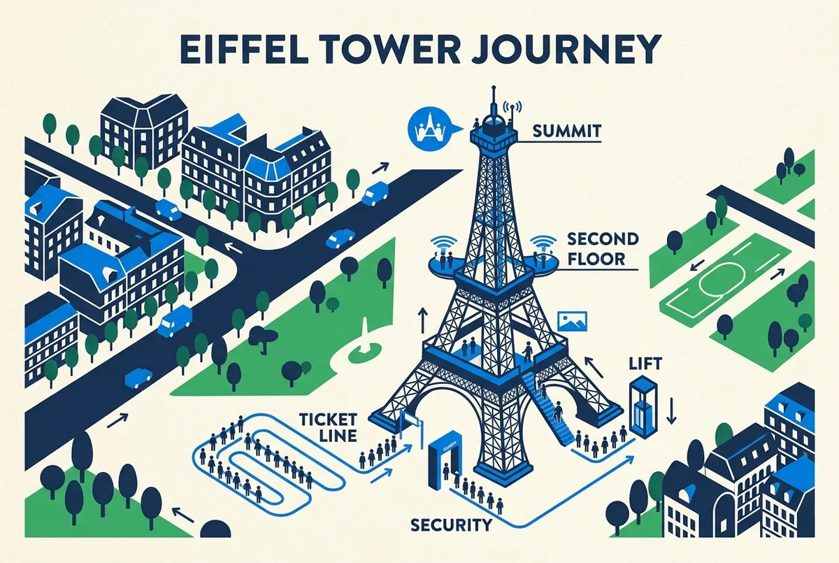 Diagram with generic labels: Security, Ticket Line, Lift, Second Floor, Summit, showing the three queues at the Eiffel Tower