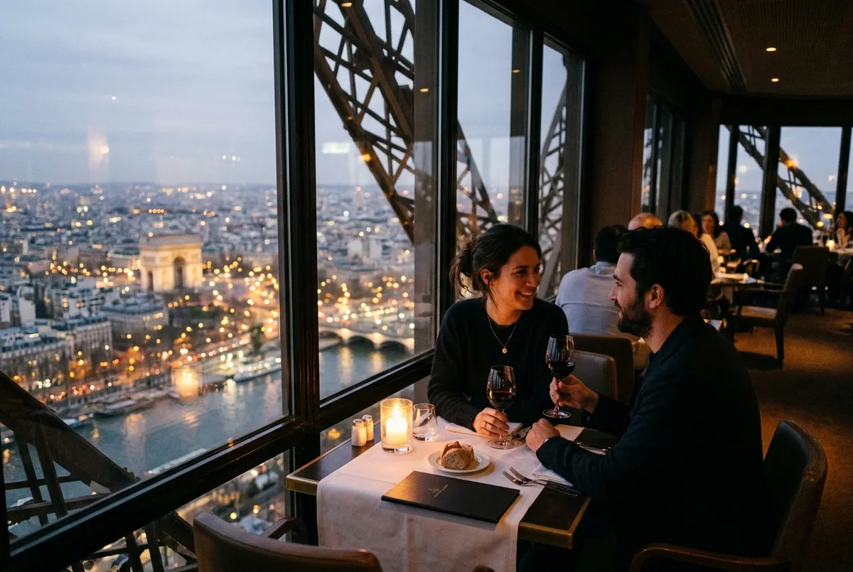 Table dressée pour deux devant une grande baie vitrée avec la structure métallique de la tour Eiffel et les toits de Paris au coucher du soleil, ambiance de restaurant chaleureuse
