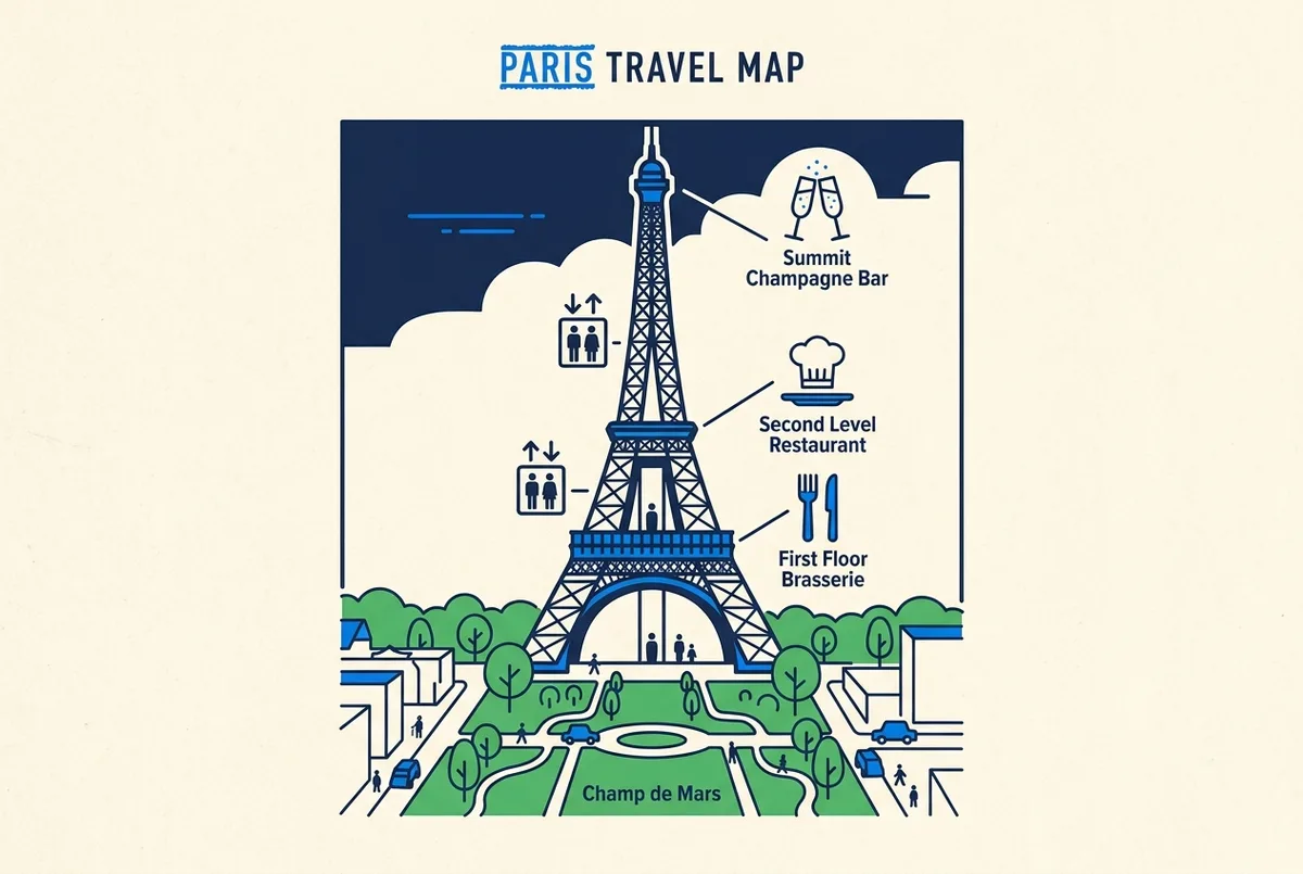 Plan simplifié des options de restauration autour de la tour Eiffel : brasserie du premier étage, table gastronomique, bar à champagne et zone de restaurants du Champ de Mars, avec étiquettes génériques