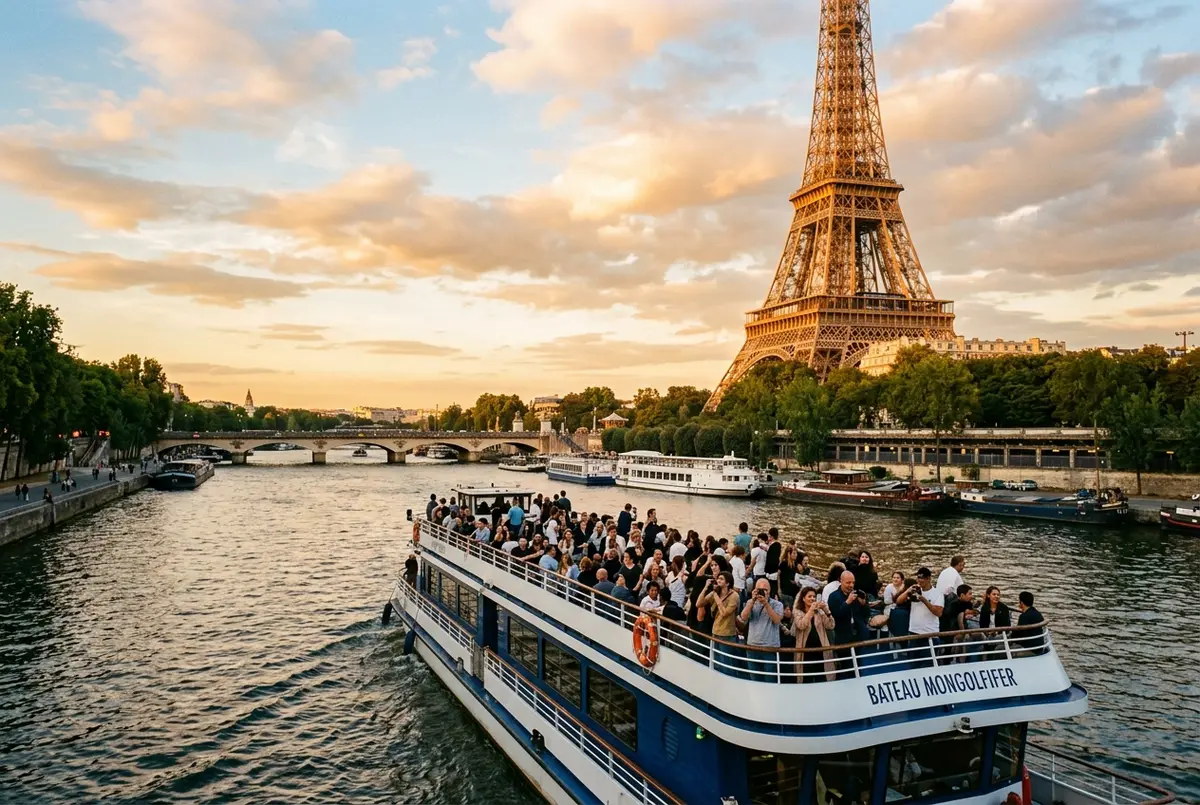 Seine Bootsfahrt am Eiffelturm: modernes Ausflugsboot mit Oberdeck gleitet in der Abenddämmerung am beleuchteten Eiffelturm vorbei, Passagiere fotografieren vom Deck
