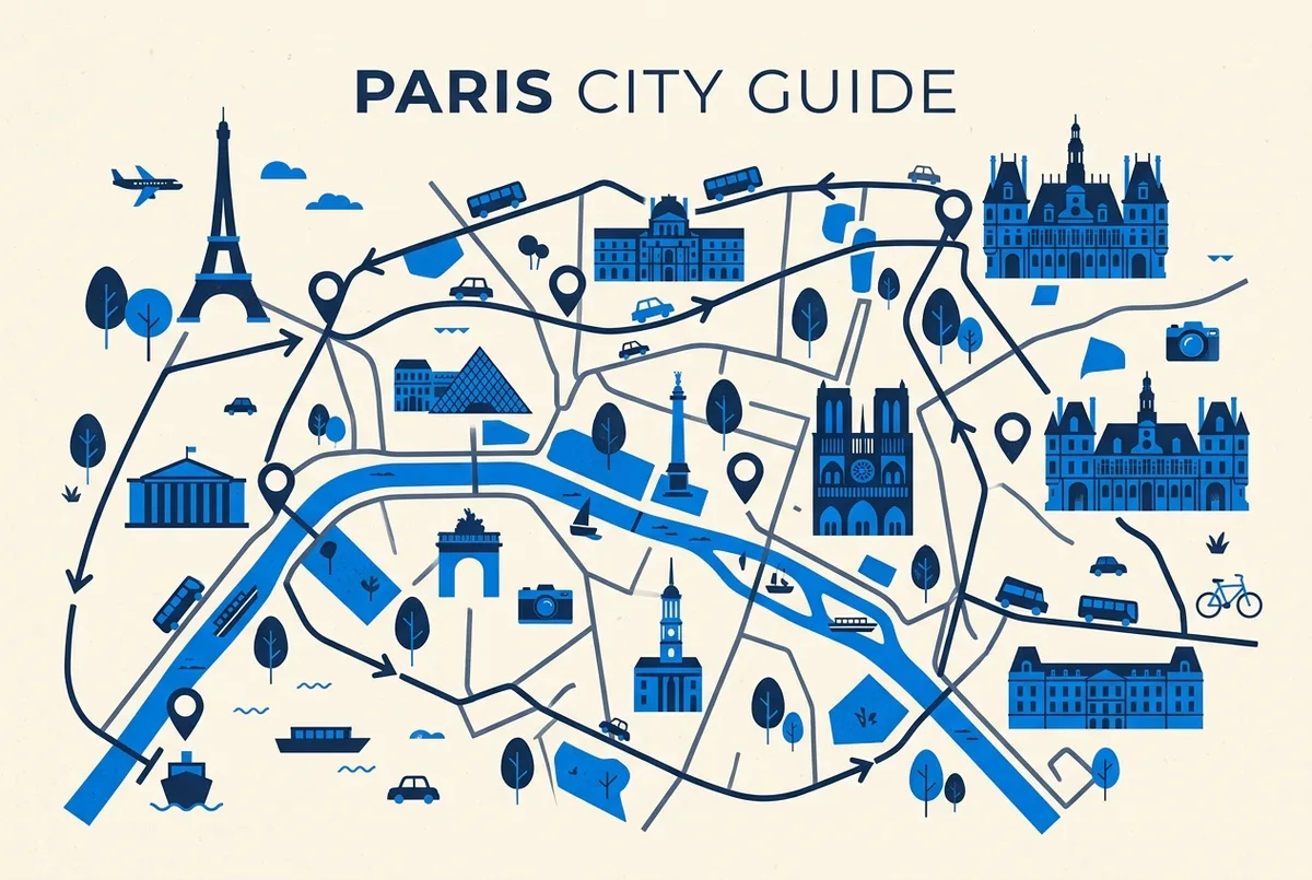 Vergleichsgrafik zur Seine Bootsfahrt am Eiffelturm: Flusslauf mit Turm, Notre-Dame und Louvre als Stationen, daneben zwei Wege für reine Fahrt und Kombi mit Turm, generische Beschriftungen