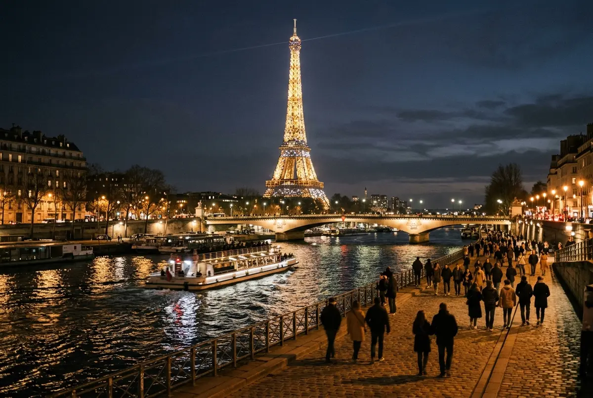 Torre Eiffel illuminata di dorato al crepuscolo con lo scintillio che parte dalla struttura, a che ora si illumina la torre eiffel, cielo blu profondo sopra Parigi