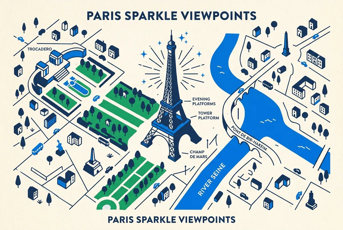 Mappa illustrata della serata a Parigi con Torre Eiffel, Trocadéro, Champ de Mars e la Senna, orari luci torre eiffel, etichette generiche