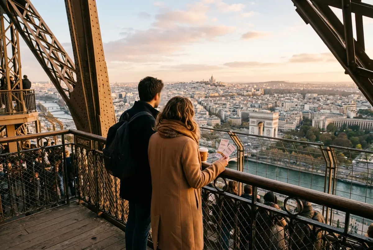 Coppia in piedi sulla piattaforma più alta della Torre Eiffel che guarda Parigi al tramonto, biglietti Torre Eiffel ultimo piano, luce dorata e vento leggero