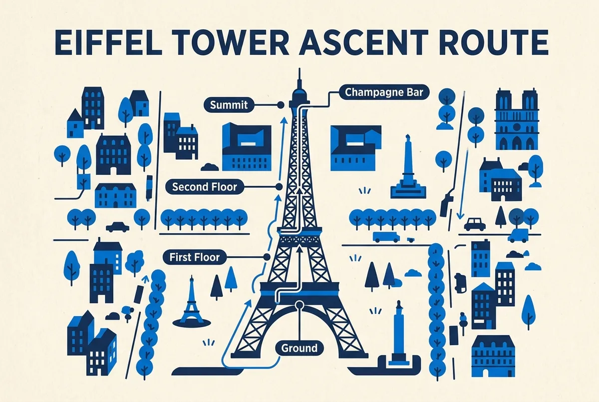 Mappa illustrata della Torre Eiffel con primo piano, secondo piano e cima collegati dagli ascensori, biglietti cima torre eiffel, stile infografica con etichette generiche
