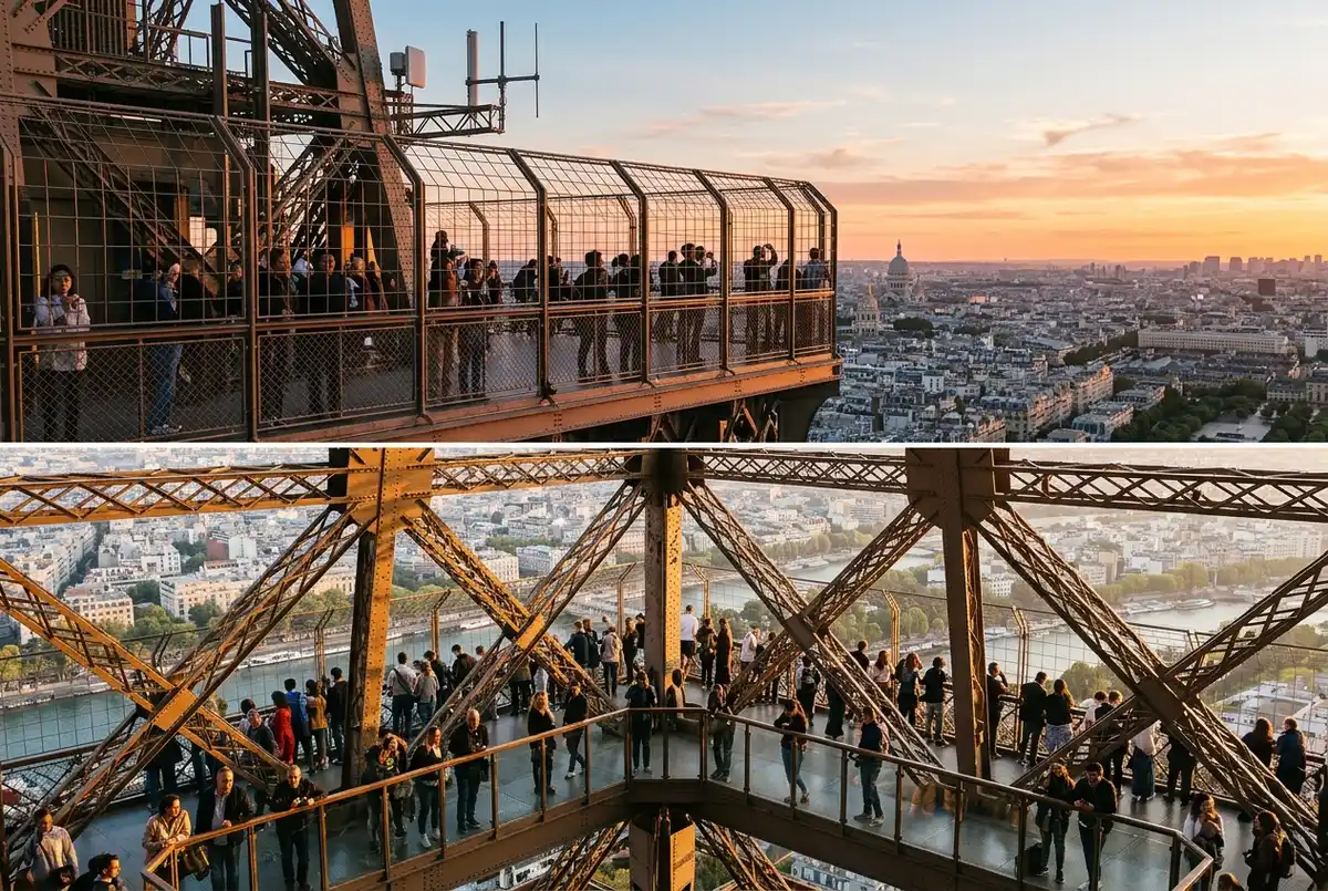 Pareja de viajeros en el mirador del segundo piso de la Torre Eiffel mirando hacia la plataforma de la cima al atardecer, cima o segundo piso torre eiffel