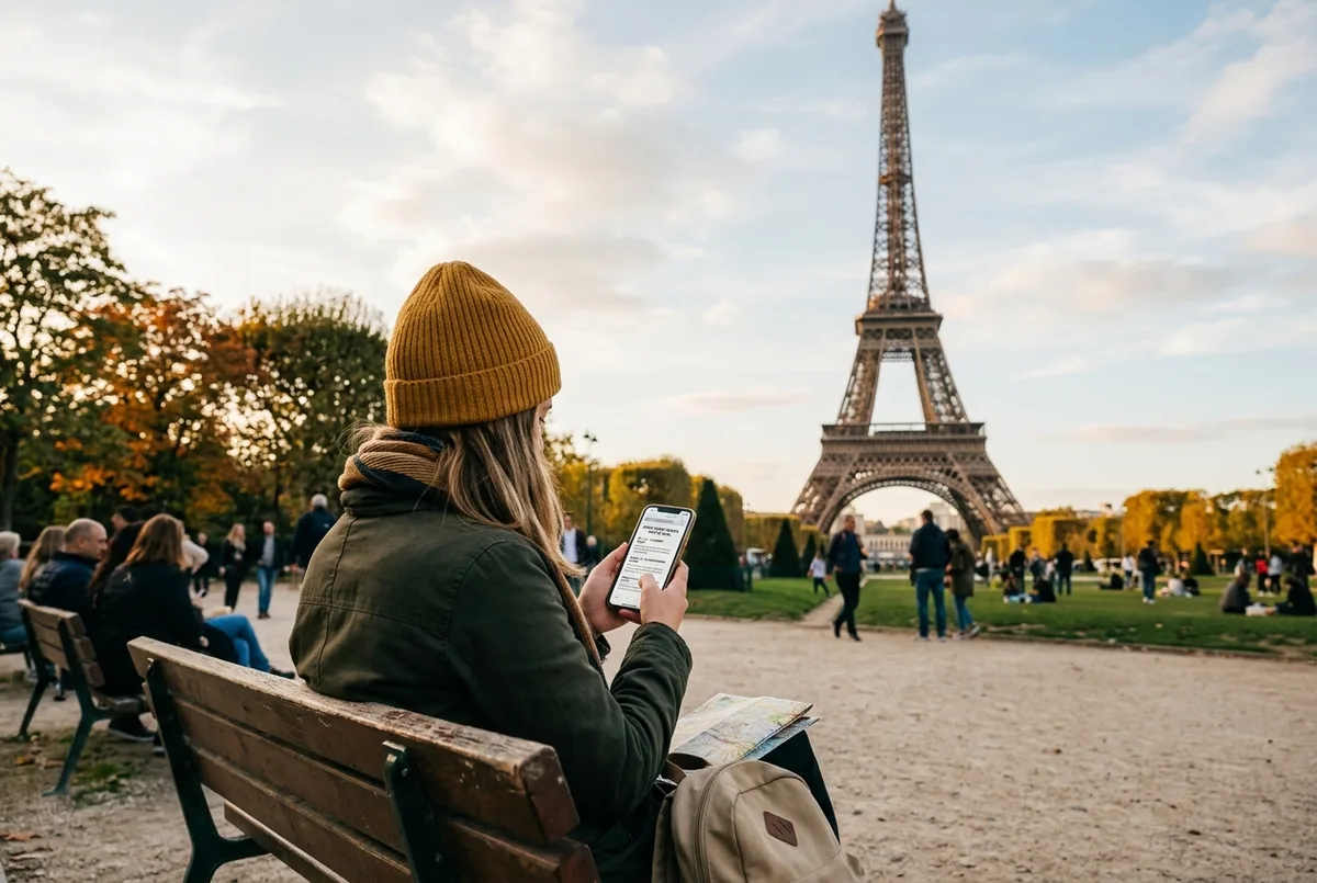 Tour Eiffel vue depuis le Champ de Mars avec trois niveaux de plateformes bien visibles, visiteurs qui comparent des billets sur leur téléphone, lumière douce de fin d'après-midi