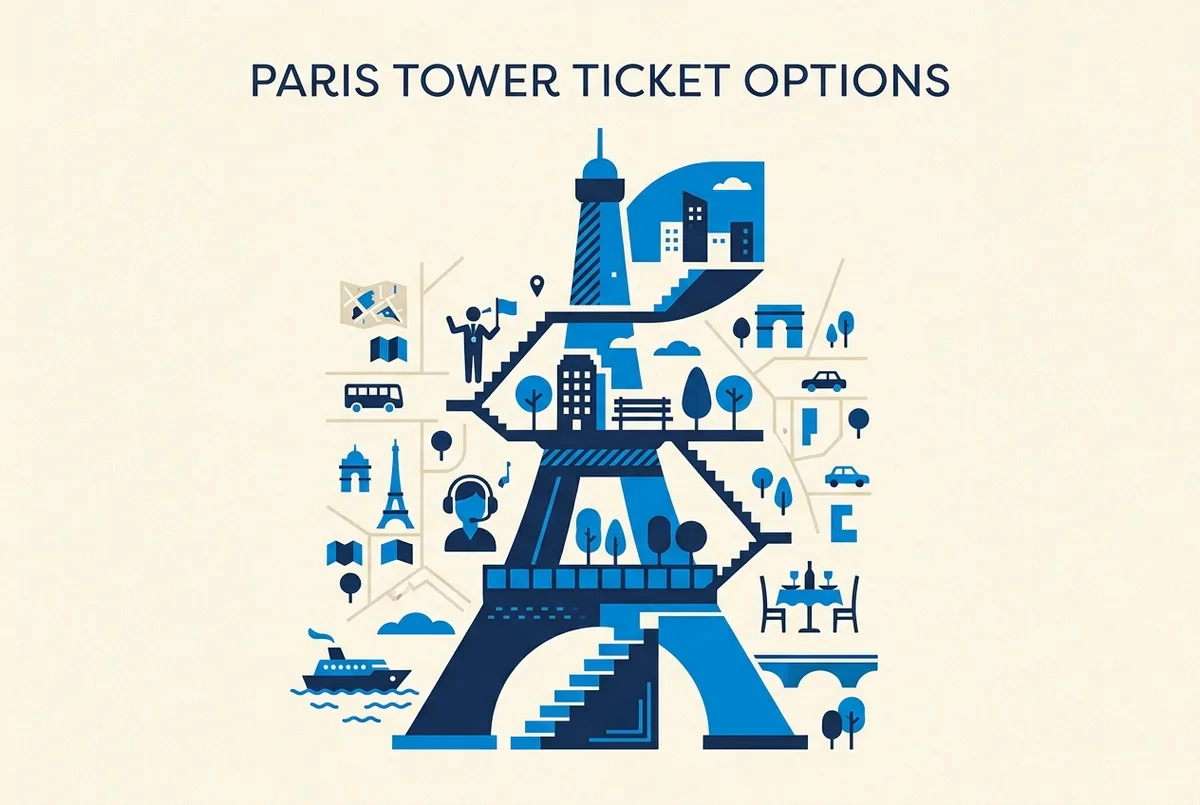 Infographie illustrée des trois niveaux de la tour Eiffel avec les modes d'accès (escaliers, ascenseur, sommet) et un repère de budget croissant