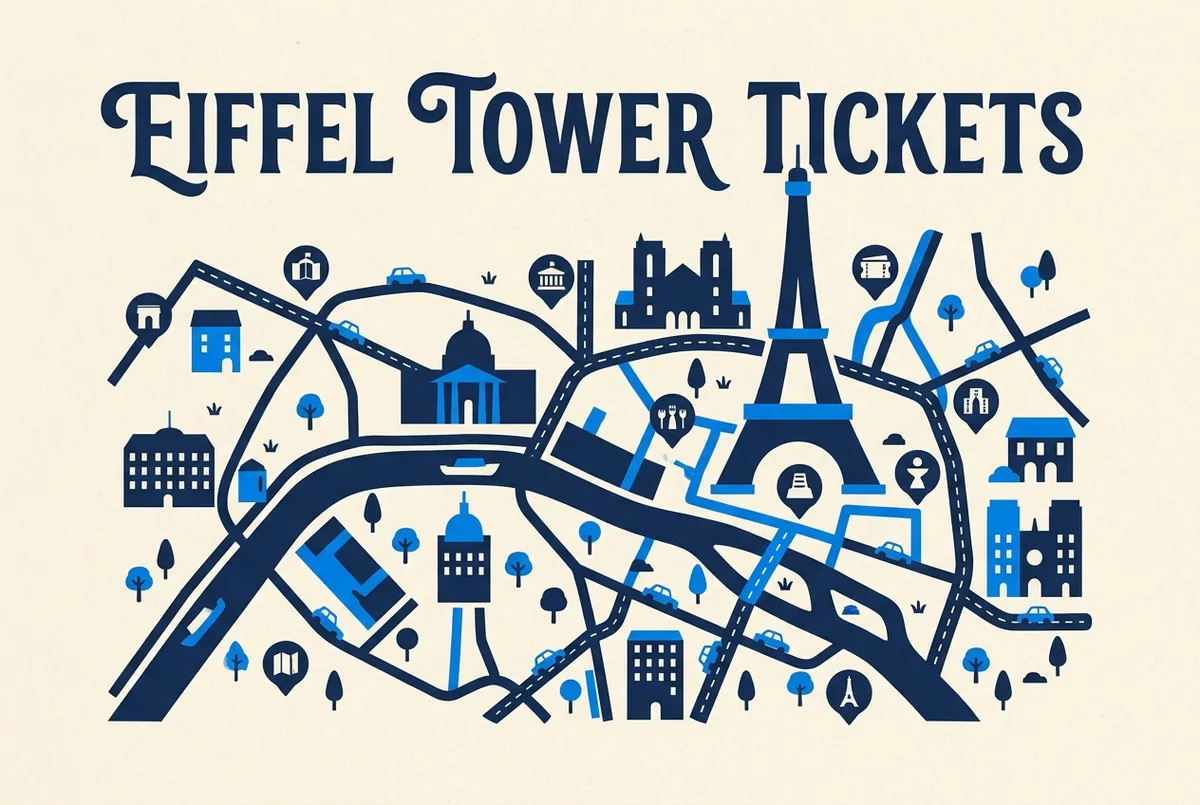 Vergelijking van kanalen voor Eiffeltoren tickets: officiële site, ledenplatform, online verkooppunt en doorverkoper met pakket als generieke labels