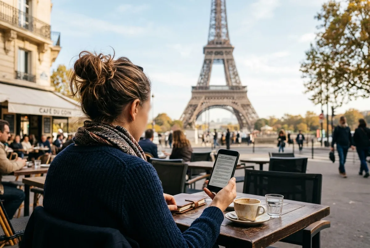 Viaggiatore preoccupato che guarda sul telefono l'errore di pagamento rifiutato per i biglietti Torre Eiffel, seduto a un caffè di Parigi con la torre sullo sfondo