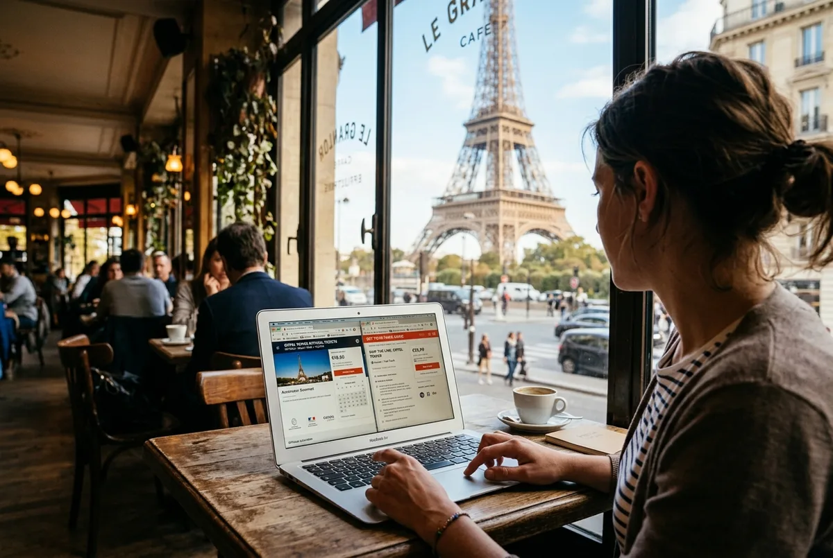 Viaggiatore che confronta il sito ufficiale e un rivenditore sul telefono davanti alla Torre Eiffel, biglietti Torre Eiffel sito ufficiale, luce del mattino