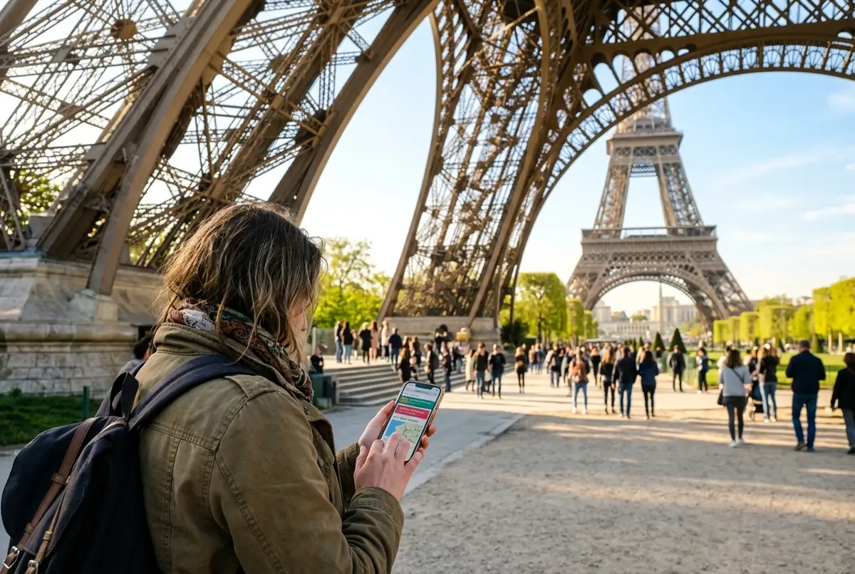 Visitatori in fila alla biglietteria della Torre Eiffel a Parigi in una mattina luminosa, biglietti torre eiffel sul posto