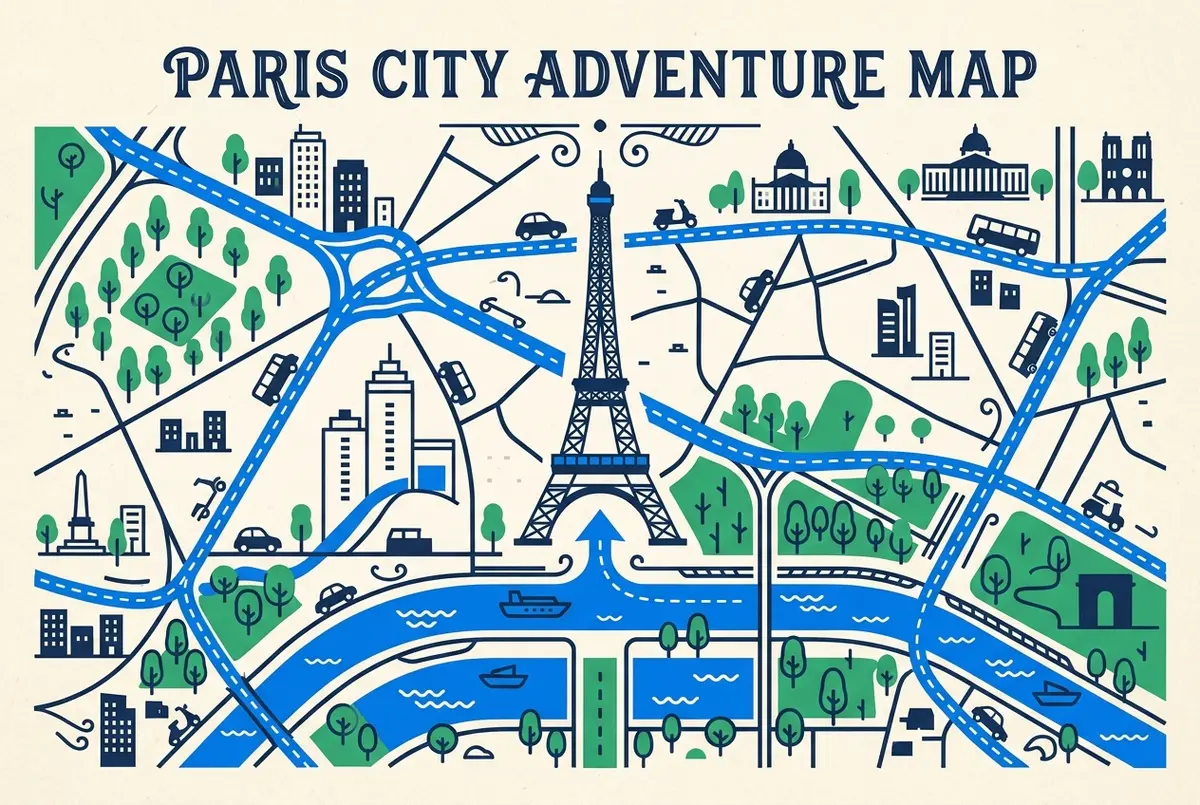 Mappa schematica dell'area della Torre Eiffel con punto di ingresso, biglietteria e percorso di uscita, per chi cerca biglietti torre eiffel sul posto