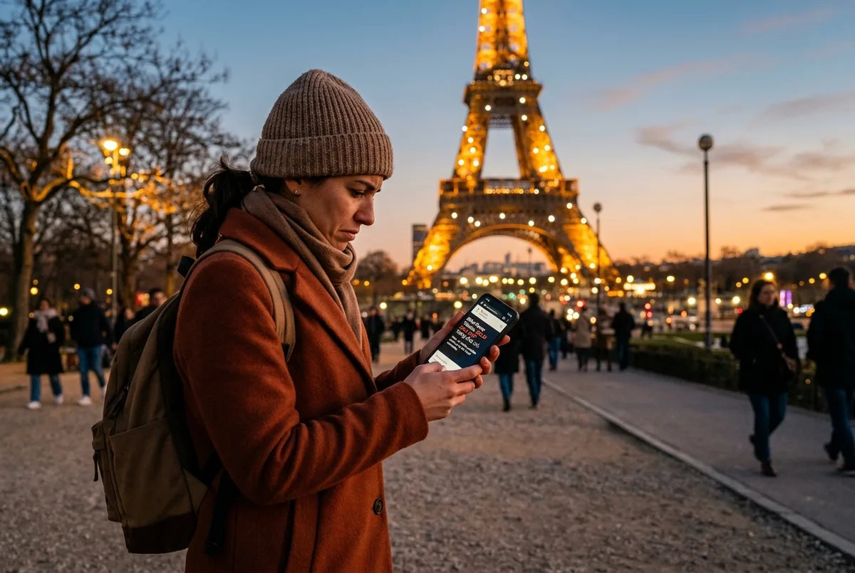 Viaggiatore preoccupato che guarda il telefono con lo schermo dei biglietti non disponibili davanti alla Torre Eiffel al tramonto, biglietti torre eiffel esauriti