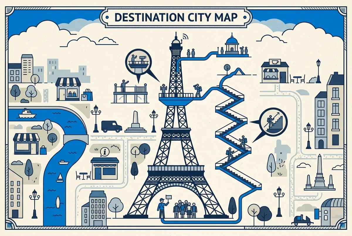Infografica con le alternative quando i biglietti sono esauriti: altro orario, altro giorno, secondo piano, visita guidata e crociera, biglietti torre eiffel esauriti
