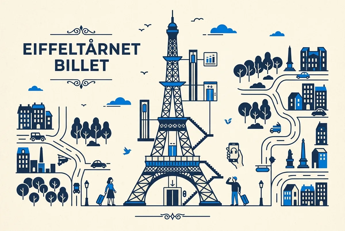 Sammenligning af de to selvguidede billetter til Eiffeltårnet som infografik med niveauer, elevator og audioguide-app som generelle etiketter, eiffeltårnet billet uden guide