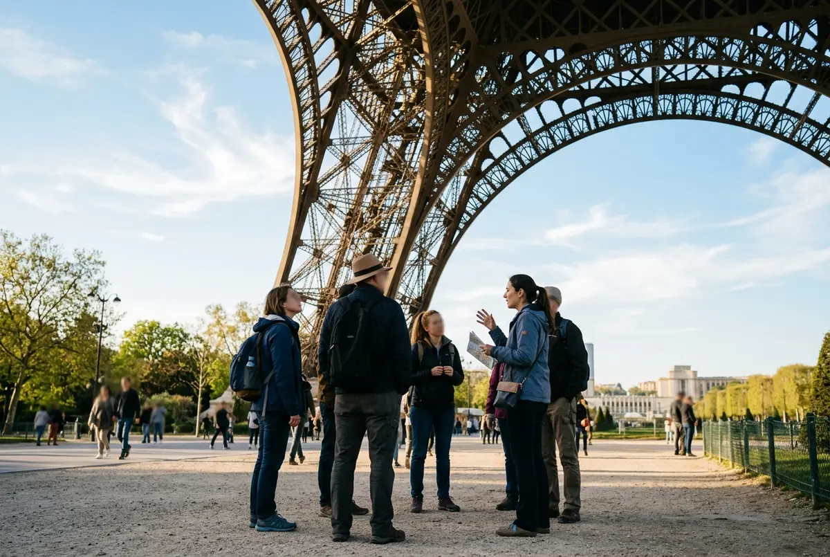 Visite guidée de la tour Eiffel : guide souriant devant un petit groupe de visiteurs au pied des piliers, ciel bleu et touristes qui lèvent les yeux vers la structure