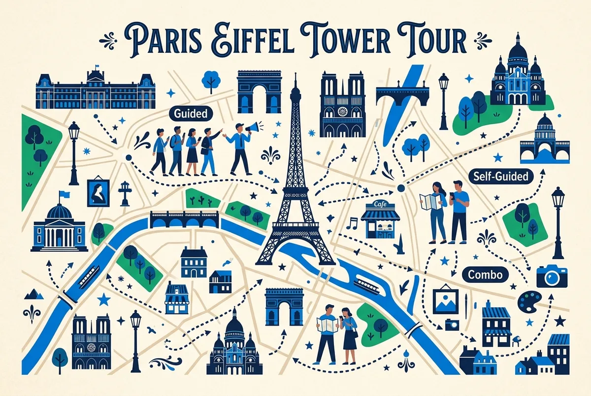 Infographie des formules de visite guidée de la tour Eiffel : guide en direct, escaliers, audioguide et croisière, avec les étages desservis par chaque formule