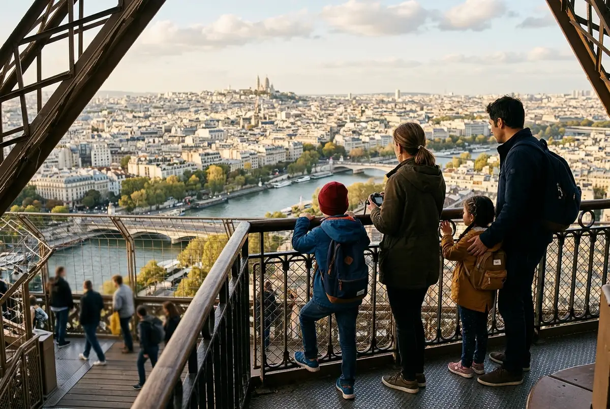 Famiglia con due bambini e un passeggino davanti alla Torre Eiffel in una mattina di sole, biglietti torre eiffel bambini