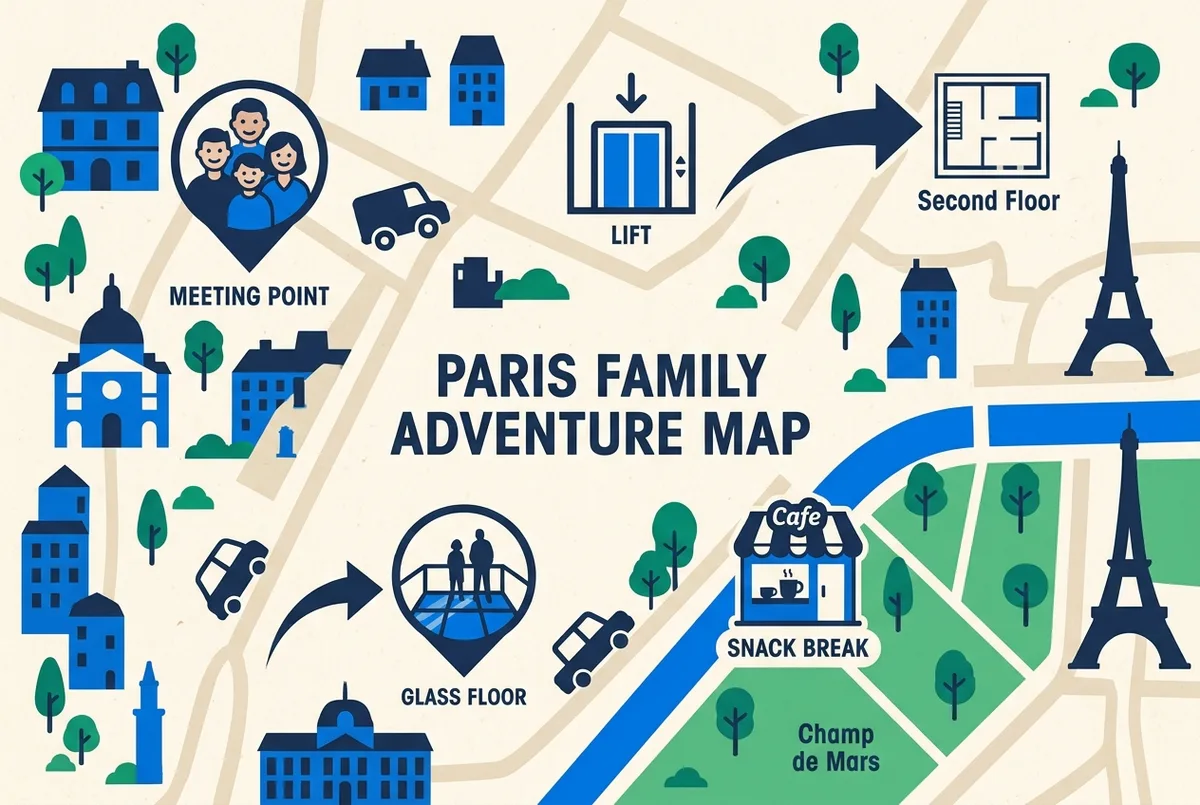 Schema illustrato di un percorso familiare alla Torre Eiffel con ascensore, pausa e area del Champ de Mars, torre eiffel con il passeggino