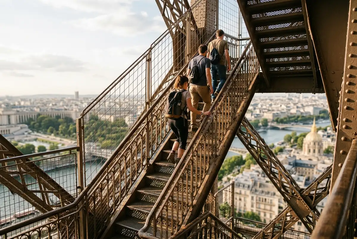 Viaggiatori che salgono le scale metalliche della Torre Eiffel con Parigi sullo sfondo, biglietti per salire sulla torre Eiffel, luce morbida del mattino