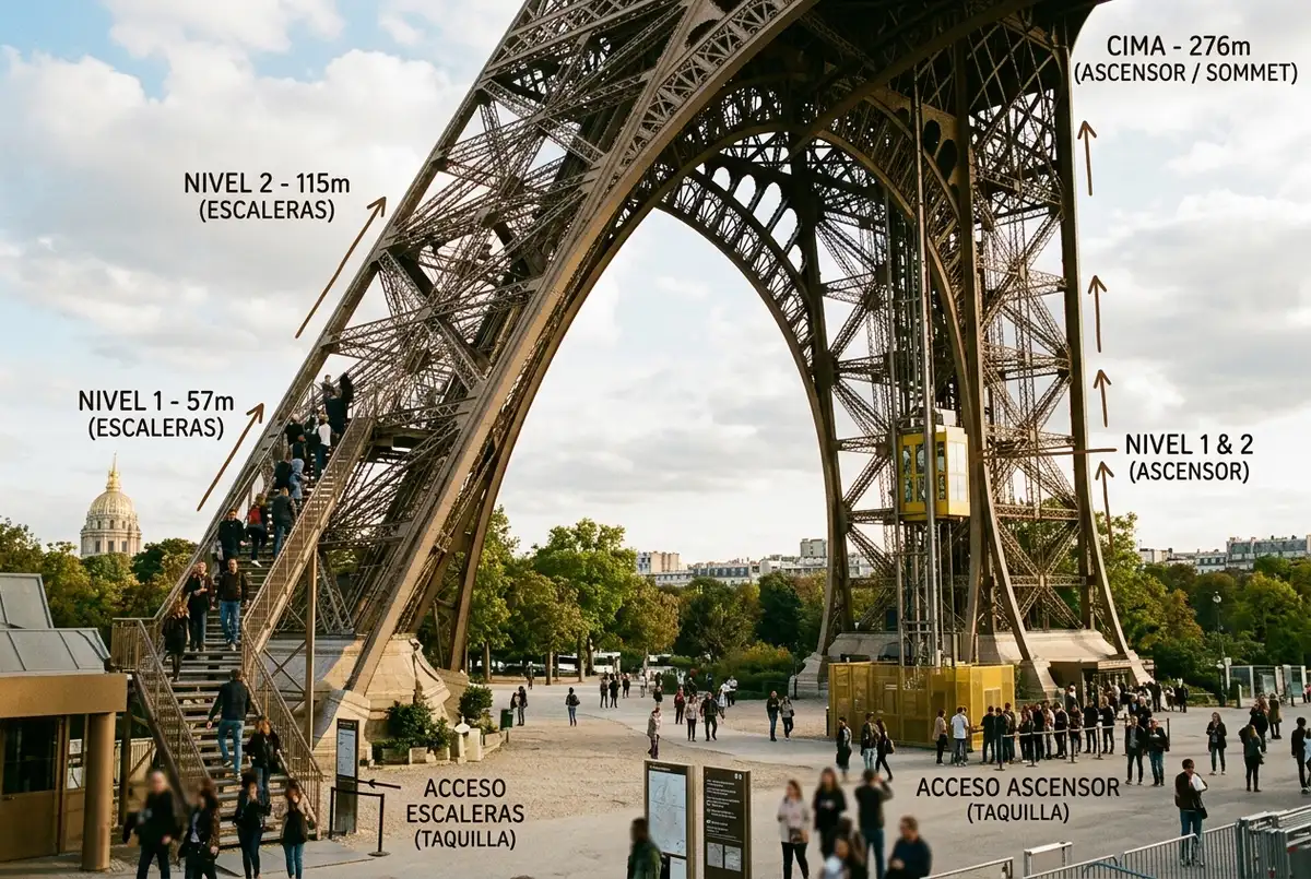Schema illustrato dei percorsi per salire sulla Torre Eiffel, scale fino al secondo piano e ascensori fino alla cima, biglietti per salire sulla torre eiffel, etichette generiche