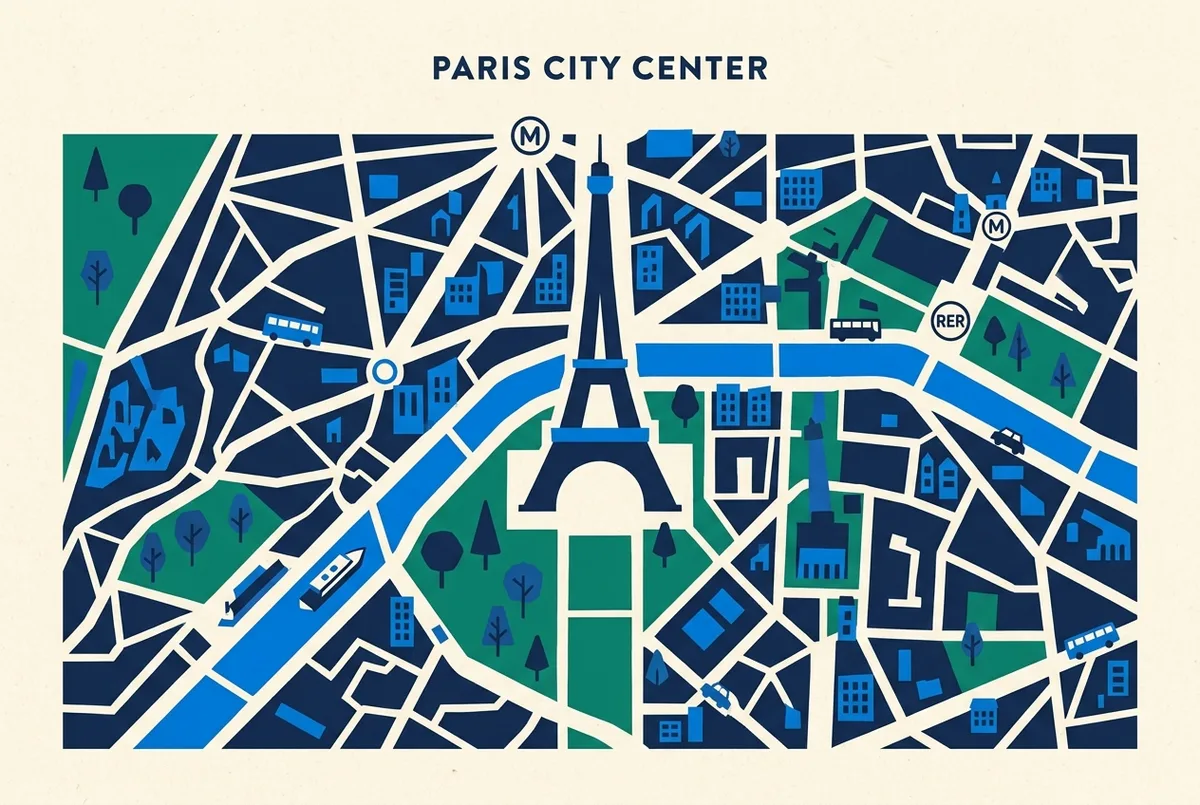Mapa esquemàtic de la visita a la Torre Eiffel amb el Champ de Mars, els tres nivells, el metro, el RER i el Sena assenyalats amb etiquetes generals
